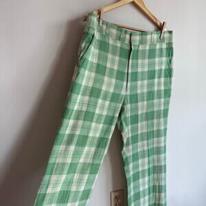 1970's Vintage Corbin Green and White Plaid Checkered Trousers 32"
